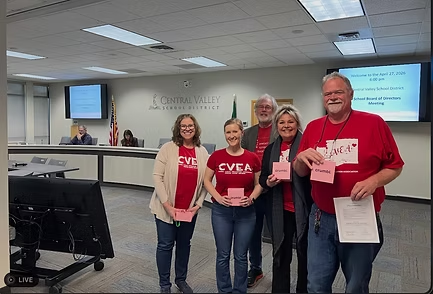 Wally, Bunni, Suzanne, Courtney, and David at the CVSD school board meeting holding CVEA certificates