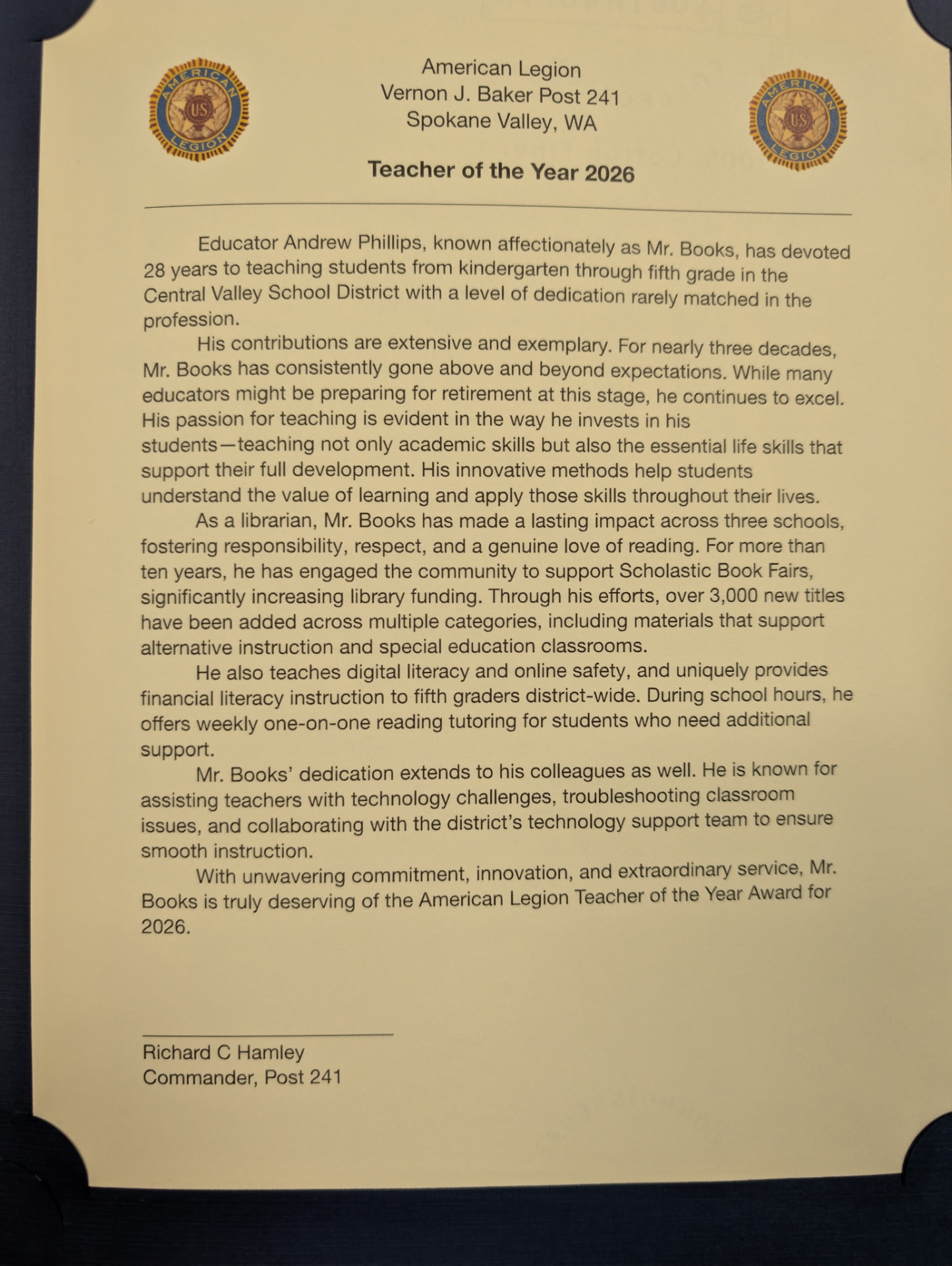 American Legion Vernon J. Baker Post 241 Teacher of the Year 2026 citation for Andrew Phillips